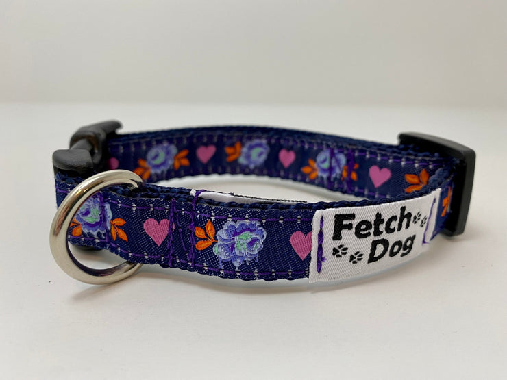 Painted Roses Navy Small Dog Collar - Fetch Dog