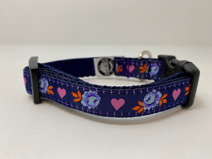 Painted Roses Navy Small Dog Collar - Fetch Dog