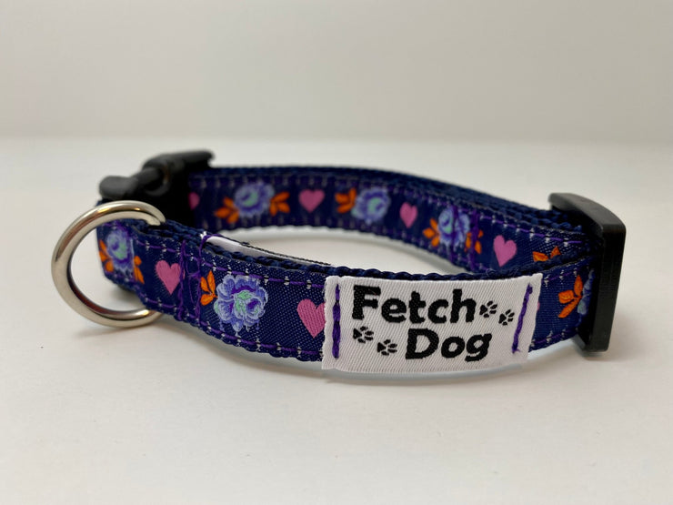 Painted Roses Navy Small Dog Collar - Fetch Dog