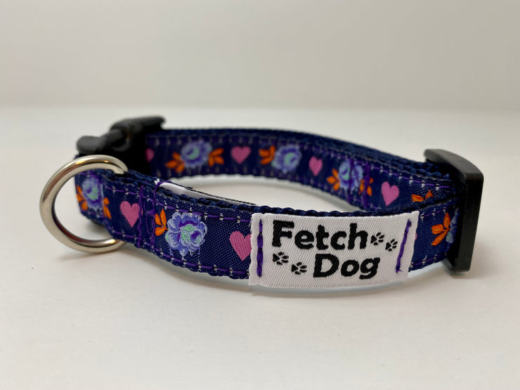 Painted Roses Navy Small Dog Collar